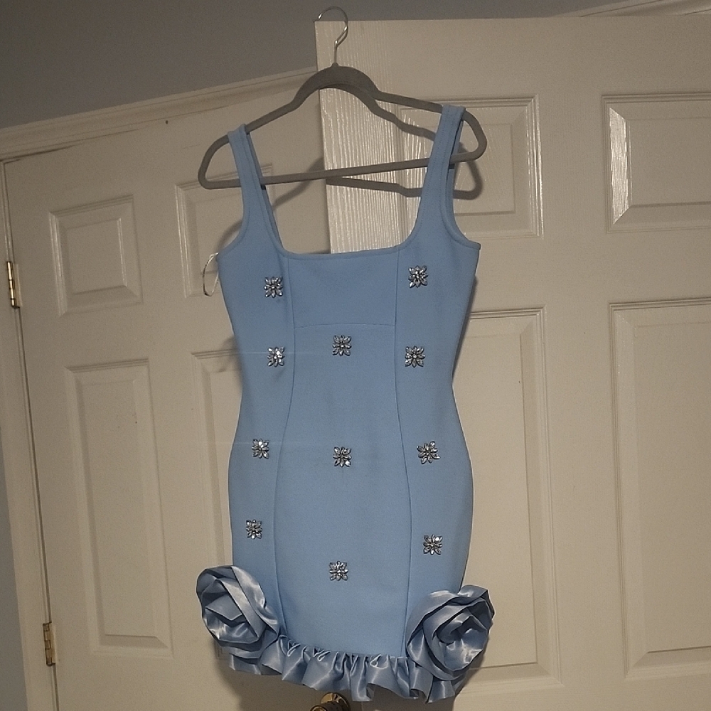 Chic Light Blue Dress with Floral Embellishments